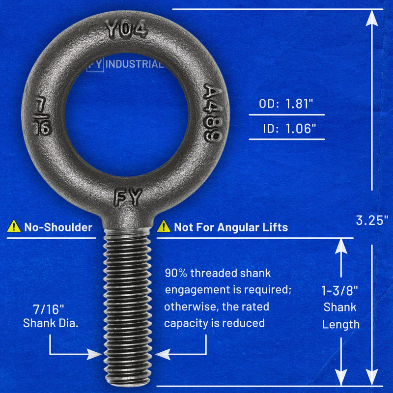 10 Pcs No-Shoulder Lifting Eye Bolts 7/16"-14 X 1-3/8"