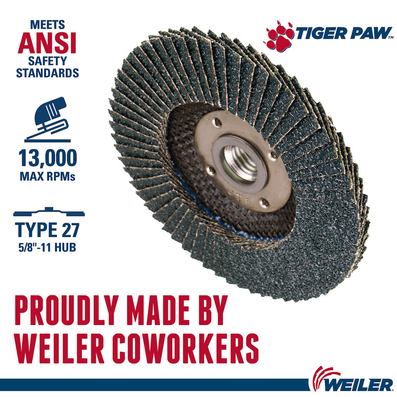 [Australia - AusPower] - Weiler 51112 4-1/2" Tiger Paw Abrasive Flap Disc, Flat (Ty27), Phenolic Backing, 36Z, 5/8"-11 Unc Nut (Pack of 10) 36 Grit Performance Steel / Metal 