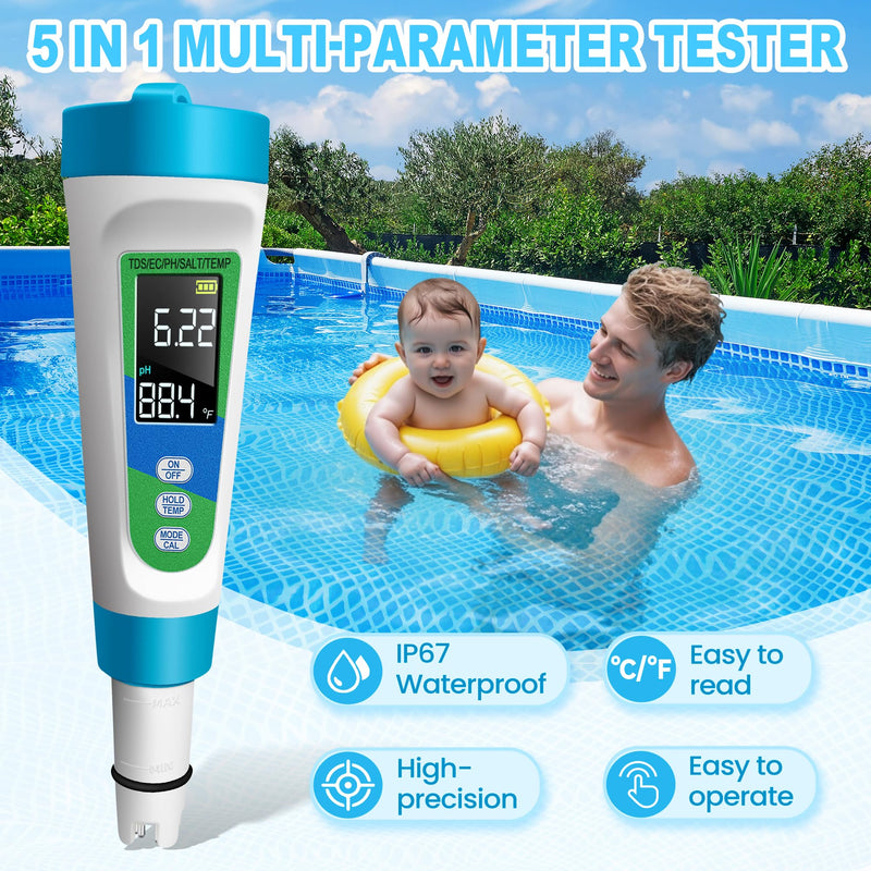 [Australia - AusPower] - KingSom Pool Salt Tester,Digital Salt Water Pool Tester & PH Tester for Aquarium,High Accuracy Digital Salinity Tester,5 in 1 Salinity PH Temp EC TDS Meter,Pool Water Tester for Swimming Pool Hot Tub 