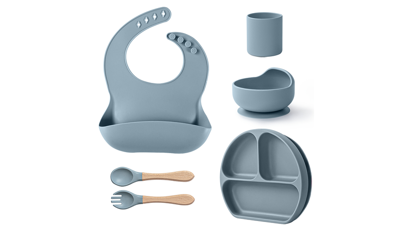 Baby Suction Plates and Bowls Set - 100% Food Grade Silicone Toddler Feeding Supplies for BLW | Stay-Put Divided Dish | Includes Bonus Bib, Cup & Soft Spoon/Fork (6-Piece) Blue