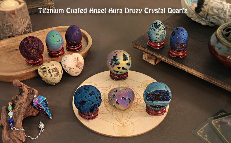 Angel Aura Quartz Druzy Geode Sphere with Wooden Base,Titanium Coated Crystal Quartz Agate Ball Healing Sculpture Statue for Easter Day, Gold-Purple