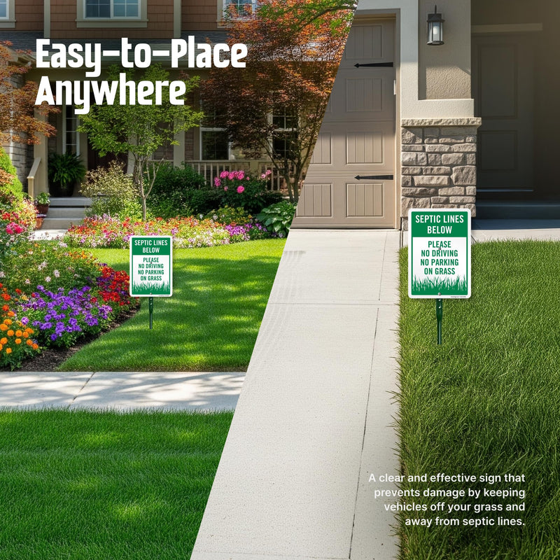 SmartSign 10 x 7 inch “Septic Lines Below - Please No Driving No Parking On Grass” LawnPuppy Yard Sign and 18 inch Stake Kit, 40 mil Laminated Rustproof Aluminum, Green and White, Set of 1