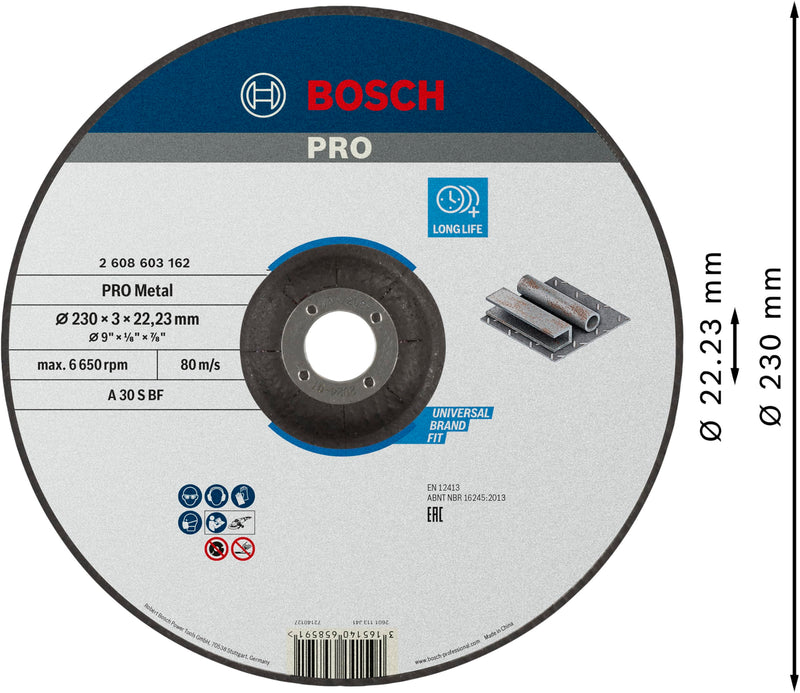 Bosch 1 x Pro Metal Longlife Cutting Disc for Large Angle Grinders and 22.23 mm Bore (for Steel, Diameter 230 mm, Professional Accessories Large Angle Grinder) Ø 230 x 3 x 22,23 mm
