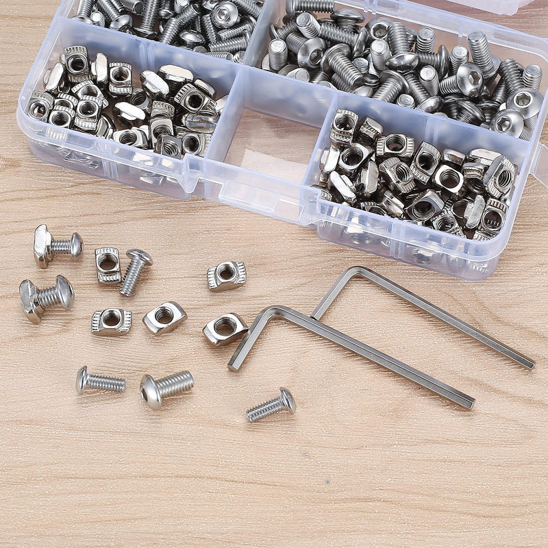 200 Pcs M4 M5 2020 Series T Nuts, Including 100 Pcs Hex Socket Head Screws, T Slot Nut Hammer Head Fastener Nuts, for 20 Series Aluminum Profile, with 2 Pcs M4 M5 Wrench