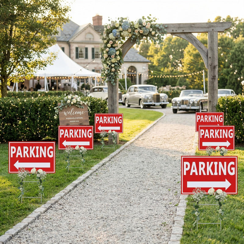 Juexica 8 Pcs Event Parking Signs with Metal H Stake Directional Arrows 8 x 12 Inches Double Sided Corrugated Waterproof Plastic Parking Signs for Yard Outside Event Wedding Use(Red) Red