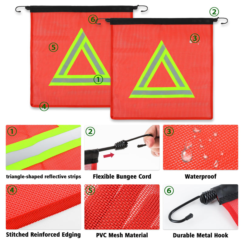 [Australia - AusPower] - 2 Pcs Red Flag for Truck Loads, 18 X 18 Inch Safety Flags for Trucks with Bungee Cord Attachment, Oversize Load Flags for Transporting, Red Warning Flag (RED with Reflective Yellow Triangle) RED with Reflective Yellow Triangle 
