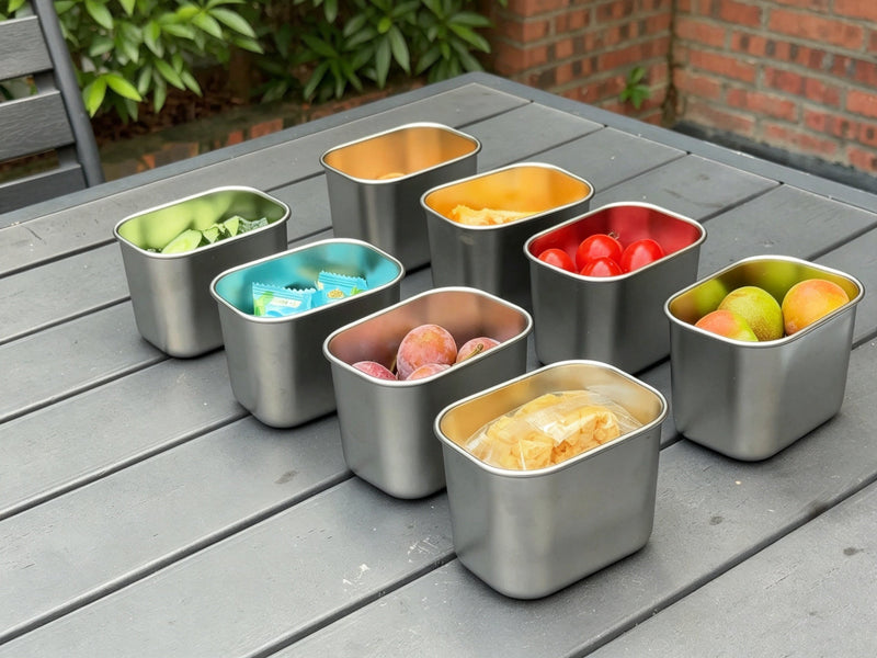 Snackle Box Container, 8 Stainless Steel Compartments with Individual Lids 8 Compartment(8.5"L x 6.6"W x 5.6"H)