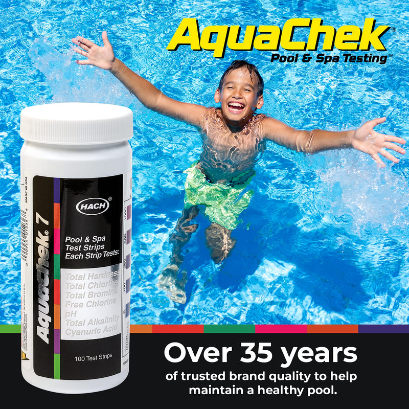 AquaChek 7-Way Pool and Spa Test Strips - Silver Pool Test Strips For pH, Total Chlorine, Free Chlorine, Bromine, Alkalinity, Total Hardness, and Cyanuric Acid - Water Quality Testing Kit (100 Strips) 1-Pack test strip