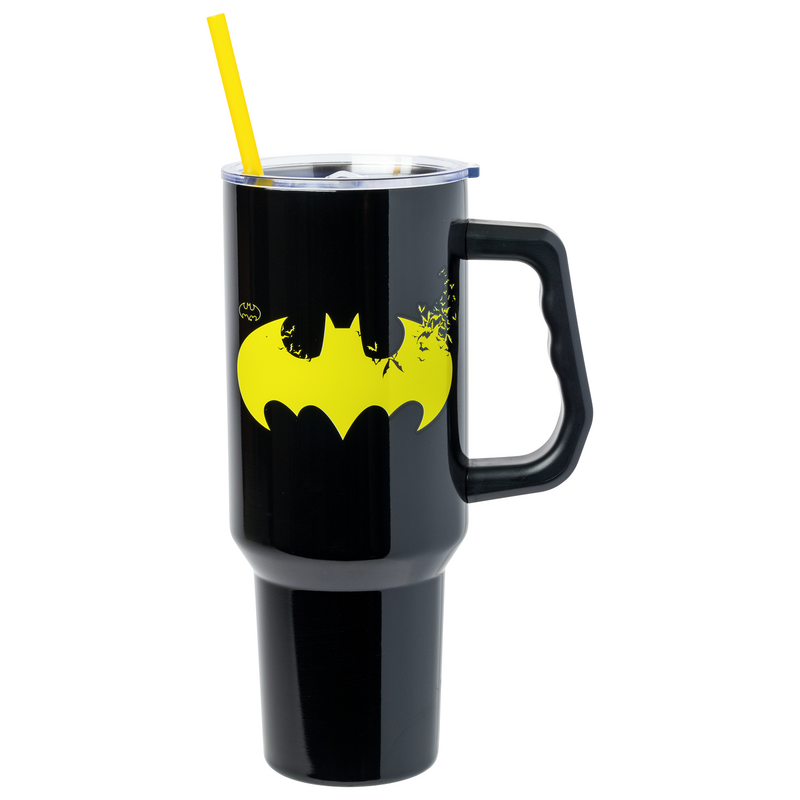 Silver Buffalo DC Comics Batman Logo Double Walled Stainless Steel Tumbler with Handle and Straw, Fits in Standard Cup Holder, 40 Ounces