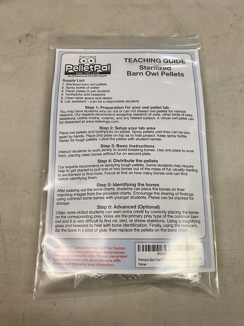 Premium Barn Owl Pellets, Small: 1.25"-1.5" (Pack of 20) - Free Bone Identification Chart, Forceps, Paddle Picks, and Teaching Guide Included!
