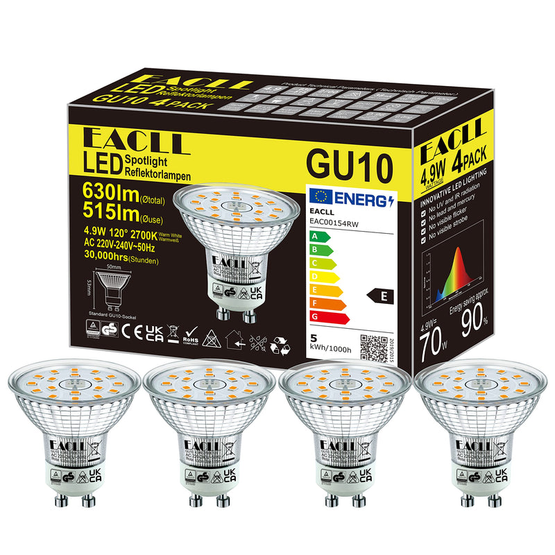 EACLL GU10 LED, Warm White, 4.9 W, Replaces 70 W Halogen Bulbs, Pack of 4, 515 Lumens 2700K Bulbs, AC 230 V, Flicker-Free Spotlight, Beam Angle 120°, Non-Dimmable Reflector Lamps 4 pcs (pack of 1) 4.9 W 2700 K Warm White Light