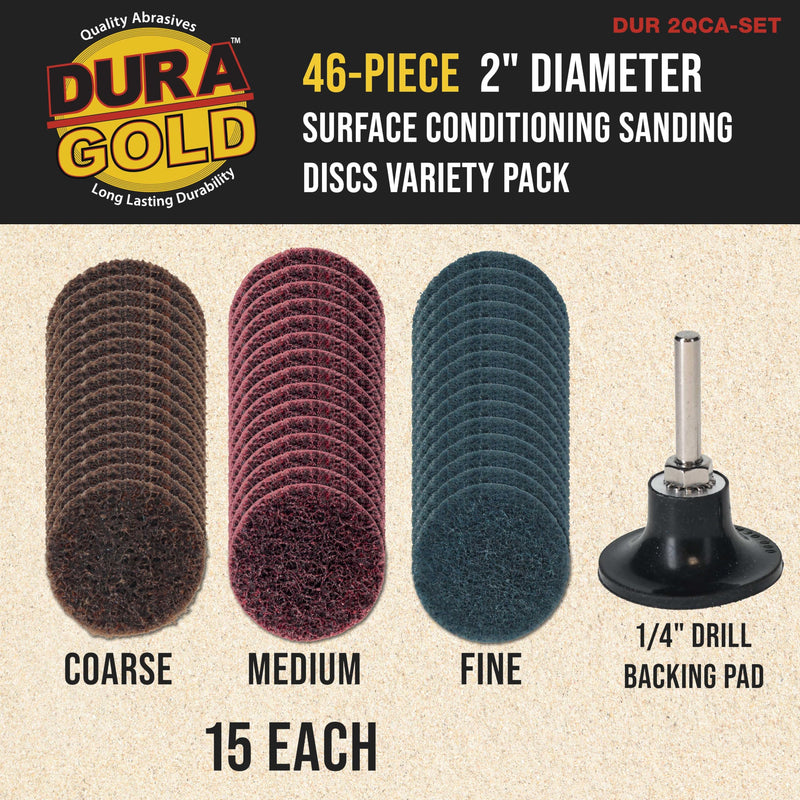 [Australia - AusPower] - Dura-Gold 46-Piece 2" Diameter Surface Conditioning Sanding Discs Variety Pack - 15 Each Coarse, Medium, Fine Grit Quick Change Roll Lock, 1/4" Backing Pad - Removes Rust Oxidation and Paint Removal 