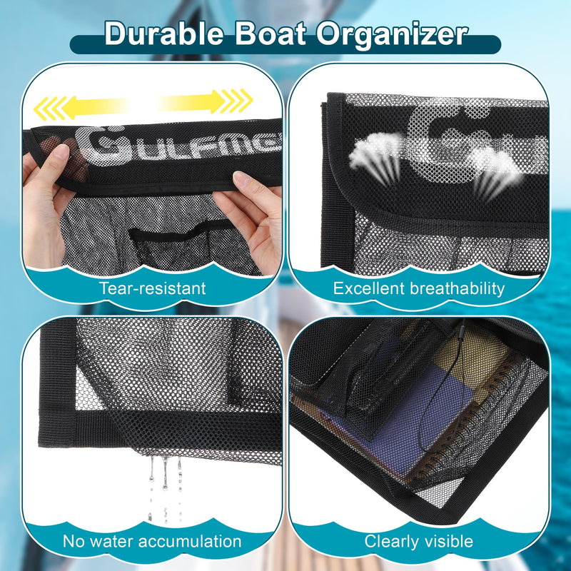 14" X 9.8" Boat Storage Bag with Secure Lid and 2 Open Pockets, Boat Storage Accessories Mesh Organizer with Strong Adhesive, Perfect for Storing Phones, Glasses, Keys and Tackle Marine Accessories