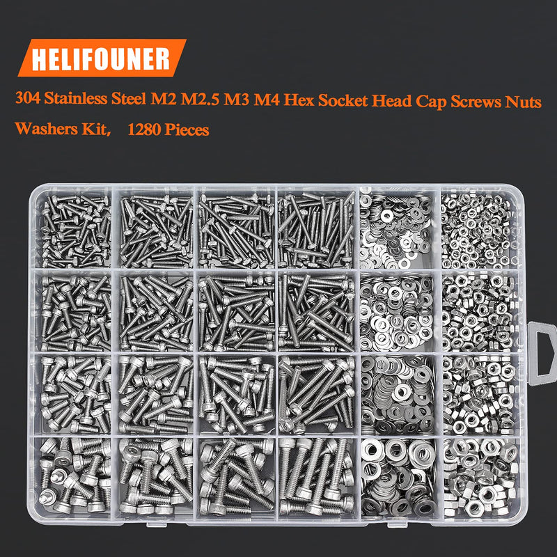 [Australia - AusPower] - 1280 Pieces M2 M2.5 M3 M4 304 Stainless Steel Hex Socket Cap Metric Screws Bolts Washers Nuts Hardware Assortment Kit with Hex Wrenches 
