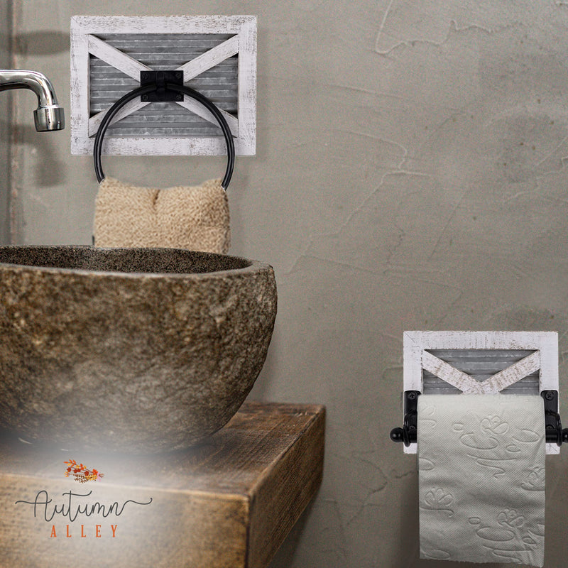 Autumn Alley Farmhouse Toilet Paper Holder and Towel Ring, Wall Mount, 2 Set - Farmhouse Wall Toilet Paper Holder and Bathroom Hand Towel Holder Decor, Wooden, Rustic White
