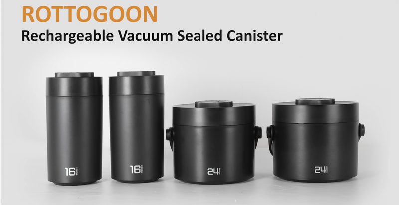 Black ROTTOGOON auto vacuum coffee canister with 1.3L capacity, electric bean storage container for fresh coffee preservation.