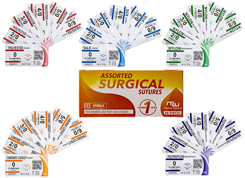 [Australia - AusPower] - Sutures Thread with Needle (30PK Mix Absorbable: Chromic; Non-Absorbable: Silk, Nylon, Polyester, Polypropylene: 0,2-0,3-0,4-0,5-0,6-0) - Surgical Stitch Kit; Medical, Vet, RN's Hospital Training 
