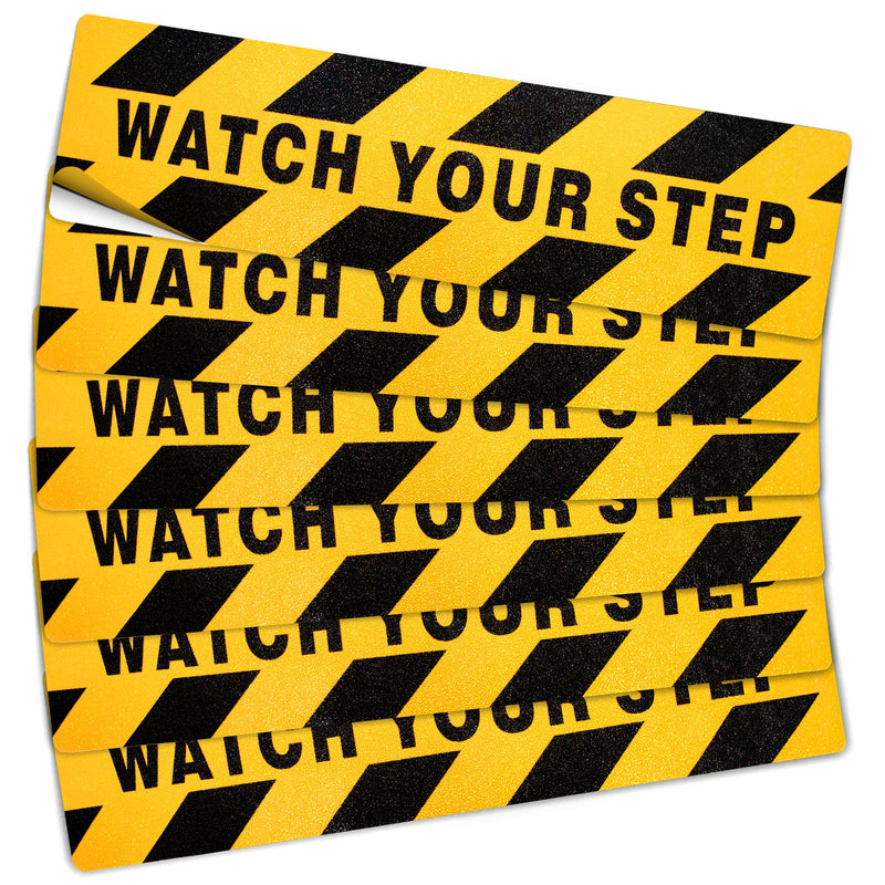 Anley 24 X 6 Inch Watch Your Step Floor Decal Stickers - Anti-Slip Abrasive Surface & Premium Self-Adhesive Backing - Enhance Safety and Prevent Accident Caution Sign for Workplace Safety (Pack of 6)