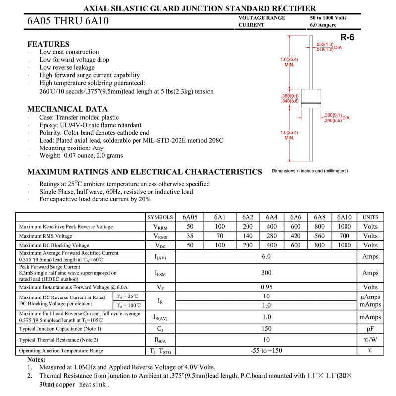 [Australia - AusPower] - 20PCS 6A10 Rectifier Diode 6A 1000V R-6 Axial 6 Amp 1000 Volt 6A10 (6A 1000V) 20 