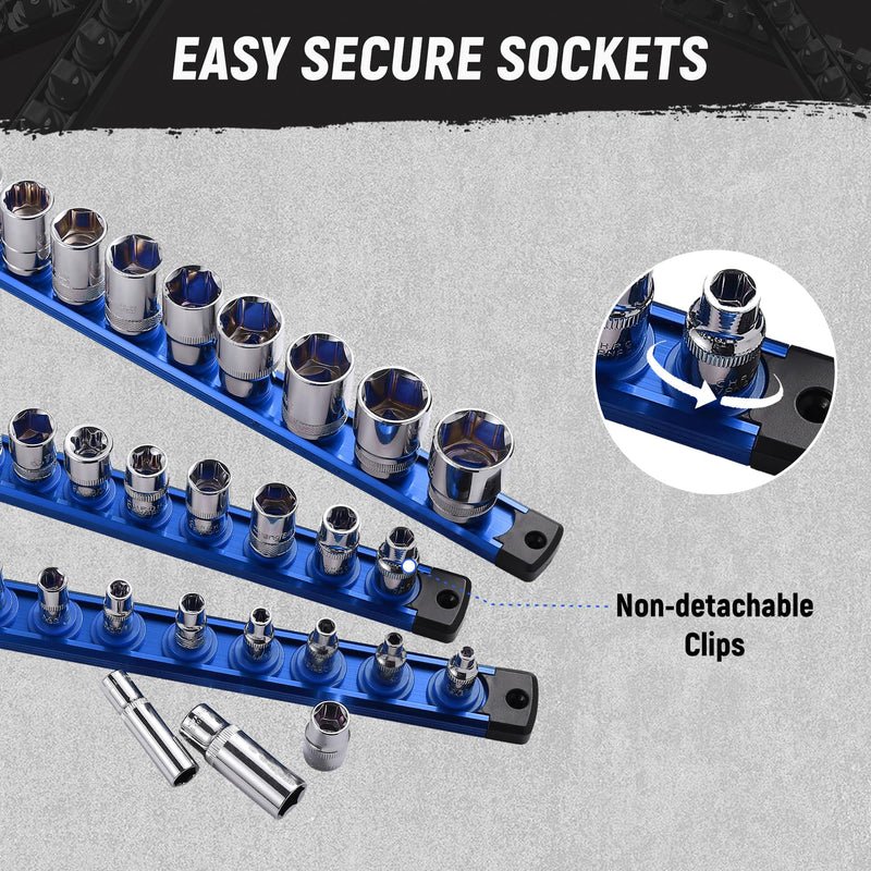 ALOANES Magnetic Socket Organizer Set, 3-Piece Heavy Duty Aluminum Socket Holder Socket Rail Organizer for Tool Box, 360° Swivel Clips Socket Rack 1/4, 3/8, 1/2-Inch x 40 Clips (Blue) 3PC (1/4, 3/8, 1/2-Inch Drive) Blue