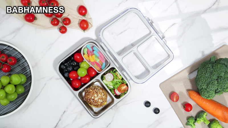 BABHAMNESS Stainless Steel Bento Lunch Box for Kids Adults, 3 Compartments Metal Bento Box with Transparent Lid & Silicone Container for Kids,Dishwasher-Safe,School & Travel,BPA-Free(Grey) Gray