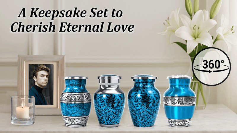 Graceful Small Urns for Human Ashes Keepsake – Elegant Cremation Urn for Cherished Memories – Tiny Urn Keepsakes – Mini Urns for Human Ashes (Blue, Set of 4) Blue