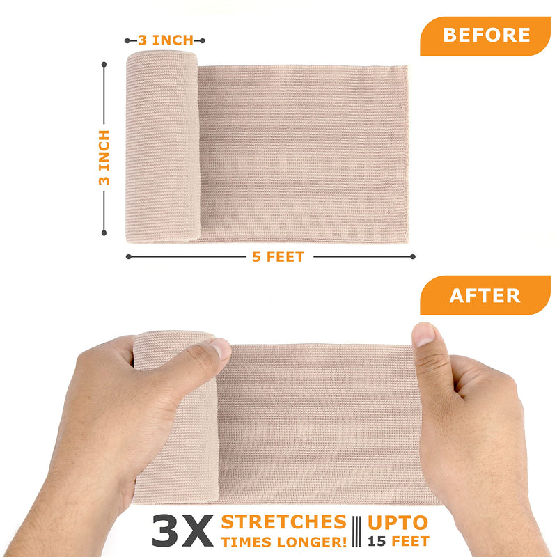 [Australia - AusPower] - D&H Medical Elastic Bandage Wrap  4 Pack Premium Compression Bandage Rolls + 4 Extra Clips | 2 Rolls of Each Size (4 Inch x 5 Feet & 3 Inch x 5 Feet), Elastic Bandage for Wrist, Calf, Ankle & Foot 4 Piece Set 