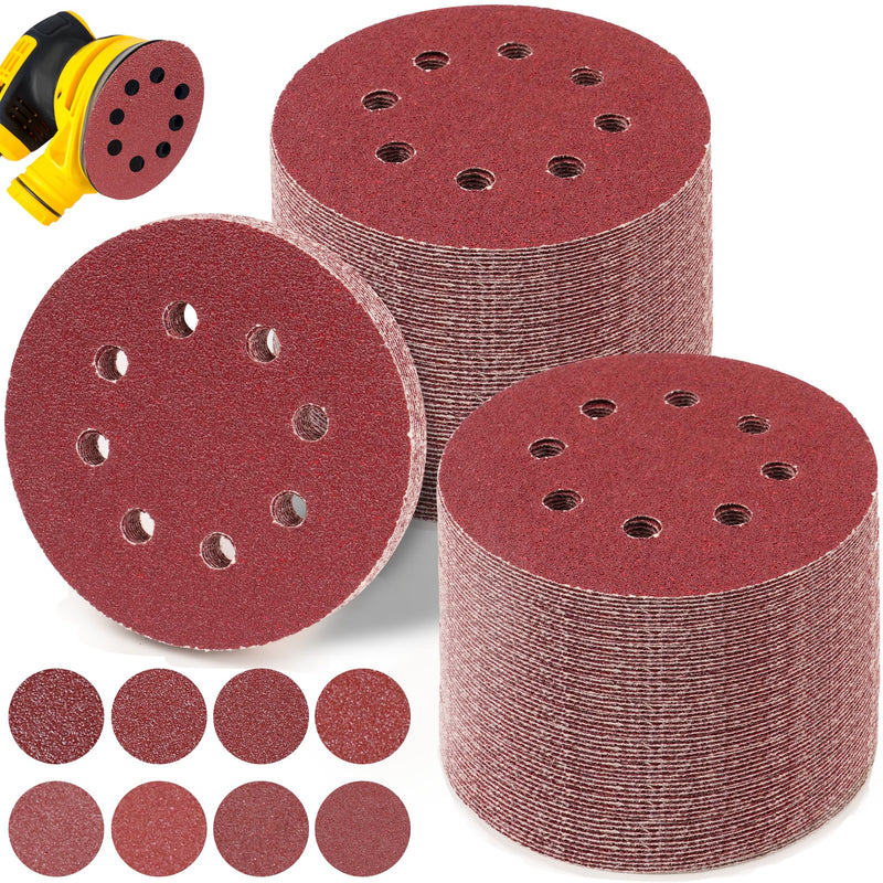 Pack of 100 Sandpaper 125 mm, 5 in 8 Holes, Wall Sanders for Wood, Metal, Plastic, P40/60/320/400 x10, P80/120/180/240x15, Accessories for Power Tools Pack of 100 - Mixed