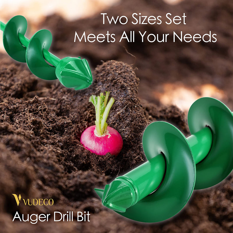 VUDECO Garden Auger Drill Bit for Cordless Drill - 2 PCS, Bulb Planter Tool, Spiral Drill Bit, Earth Planting Auger - Green