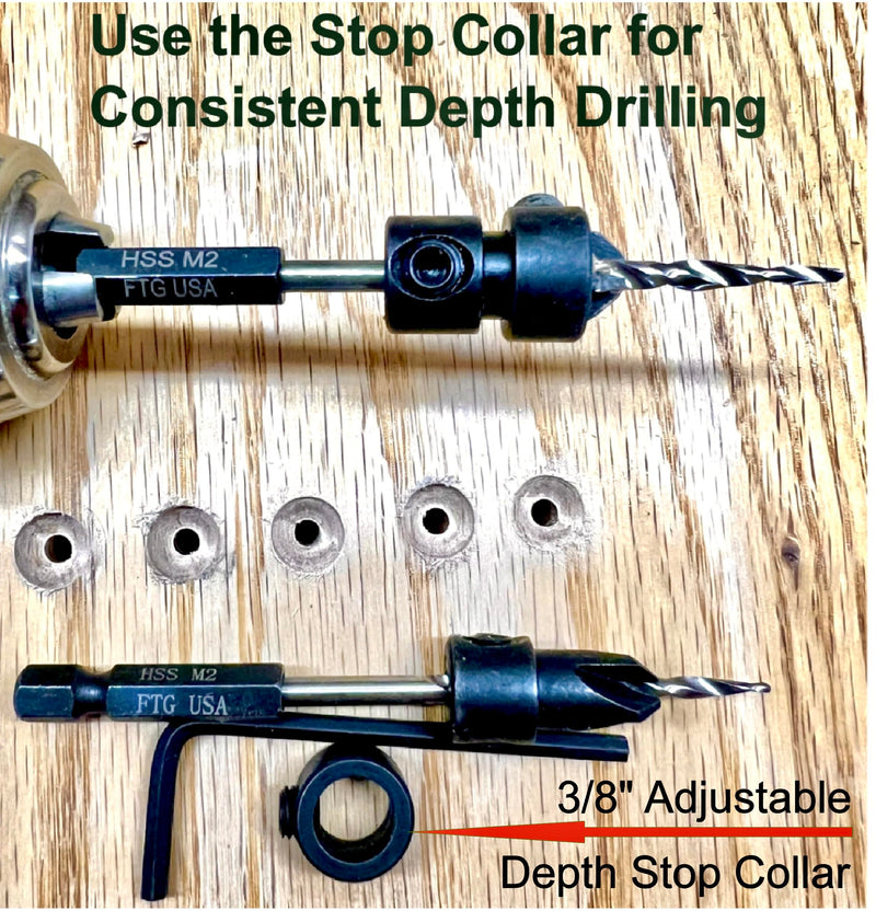 FTG USA 10 Pc #8 & #10 Countersink Drill Bit Set with Tapered Drill Bits | Includes 10 counter sink drill bit for wood, 5 pc #8 & 5 pc #10 sizes, 2 depth stop collar 3/8", 2 Allen key, storage case Same Sort 5 Pc