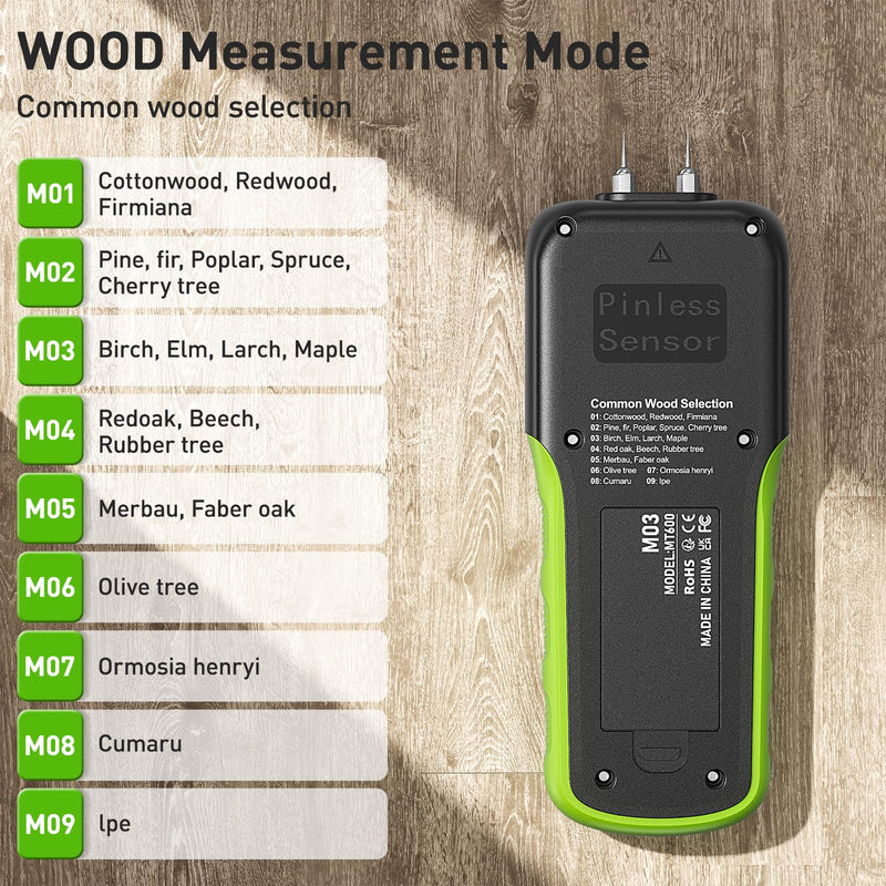 Wood Moisture Meters, Pin & Pinless 2 in 1 Moisture Detector with Upgraded Sensor, Backlit Screen, 9 Calibration, for Moisture Detection in Wood and Building Materials, Water Leak Detector