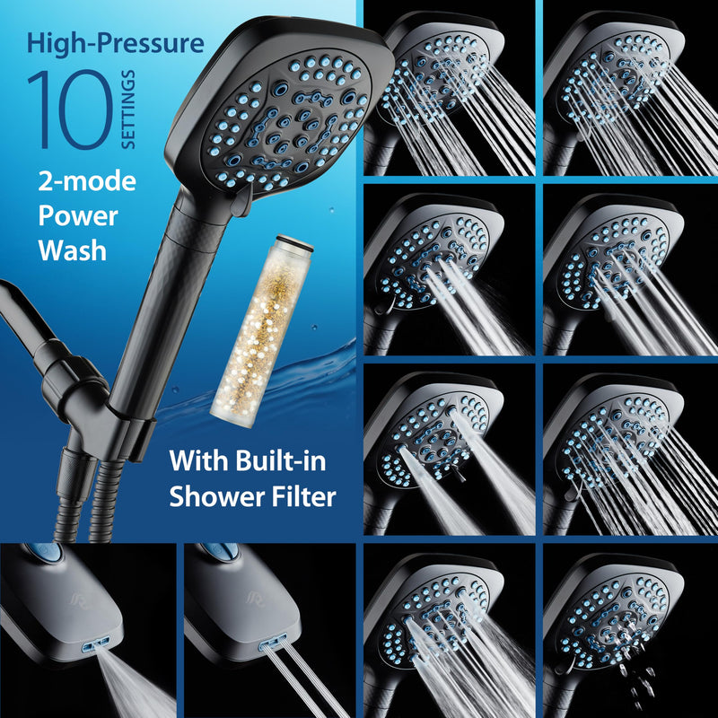 AquaCare 4X High Pressure 10 Spray Mode Filtered Showerhead - Handheld Shower Head Filters Chlorine to Heal Dry Skin, Revive Hair - Dual Power Wash Cleans Tub, Tile, Pets - Hard Water Softener, Black Square Matte Black