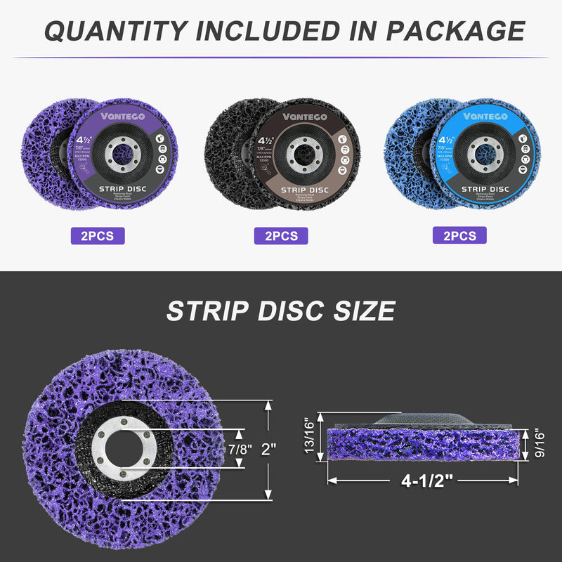 [Australia - AusPower] - 6-Pack 4-1/2” x 7/8” Paint Stripper Discs for Angle Grinder – Multi-Surface Rust & Paint Removal Wheels 2 Purple 2 Blue 2 Black 4-1/2 in - 6 pk 