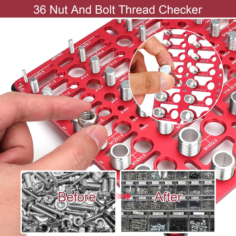 [Australia - AusPower] - Thread Checker, 55 Bolt Size and Thread Gauge, Bolt Thread Identifier 20 Standard & 16 Metric, Bolt Identifier Board, Nut and Bolt Thread Checker Gauge Wall-Mountable with 19 Drill Bit Gauge Red 55 Thread Checker 