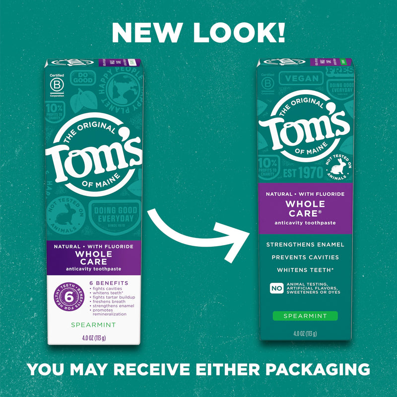 [Australia - AusPower] - Tom's of Maine Whole Care Natural Toothpaste with Fluoride, Spearmint, 4 Ounce (Pack of 3), (Packaging May Vary) 4 Ounce (Pack of 3) 