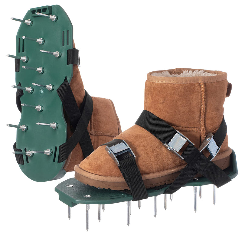 Lawn and Garden Aerator Spike Shoe with 3 Metal Buckle Straps, Green Spiked Sandal Improved
