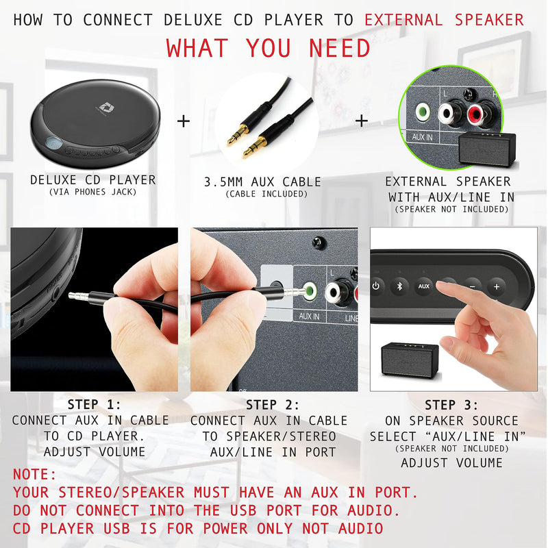 [Australia - AusPower] - CD Player Portable with 60 Second Anti Skip, Stereo Earbuds, Includes Aux in Cable and AC USB Power Cable for use at Home or in Car Black_CD 