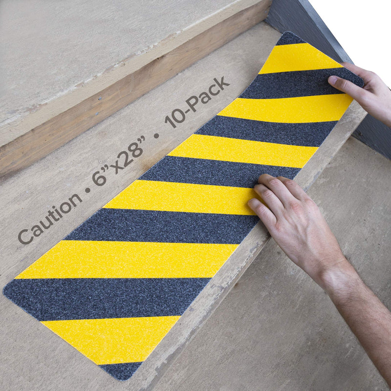 LifeGrip Anti Slip Traction Treads (10-Pack), 6" X 28", Yellow and Black, Best Grip Tape Grit Non Slip, Outdoor Non Skid Tape, High Traction Friction Abrasive Adhesive for Stairs Step 6" x 28" Caution Stripe 10