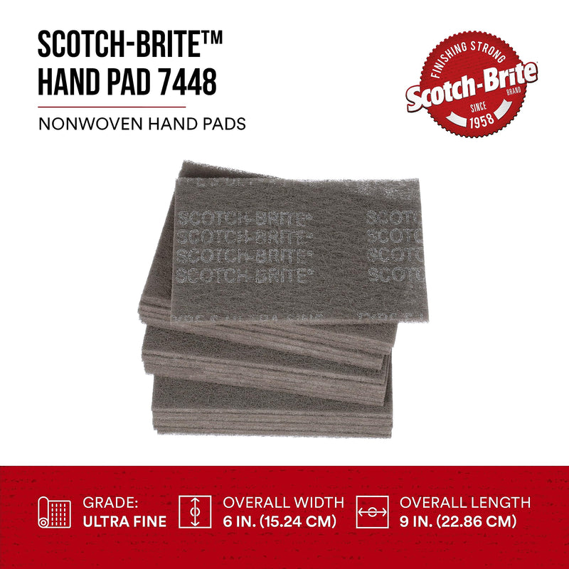 [Australia - AusPower] - Scotch-Brite Ultra Fine Grade 7448 Hand Pad, Pack of 3, 6 in x 9 in Hand Pads, Nonwoven Silicon Carbide, Surface Preparation, Scuffing, and Cleaning, Gray 