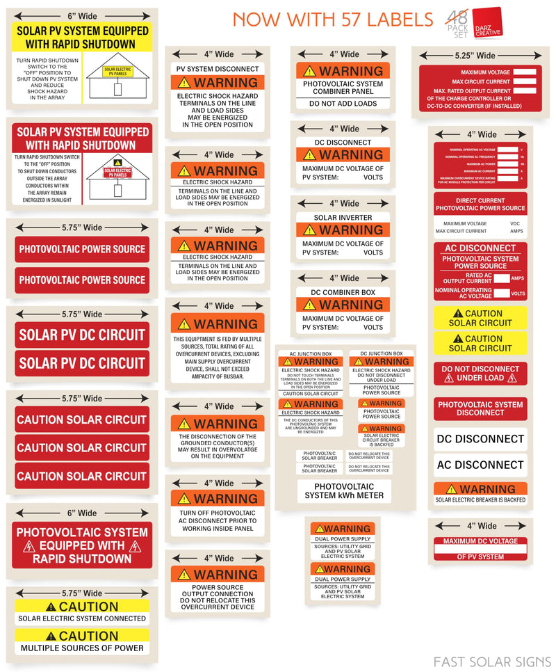 Photovoltaic Solar System Installer Label Kit | 57 Pack | 2020 | 2017 Code | Electrical Panel Safety | PV Warning Set | Caution Solar Circuit | Made in USA