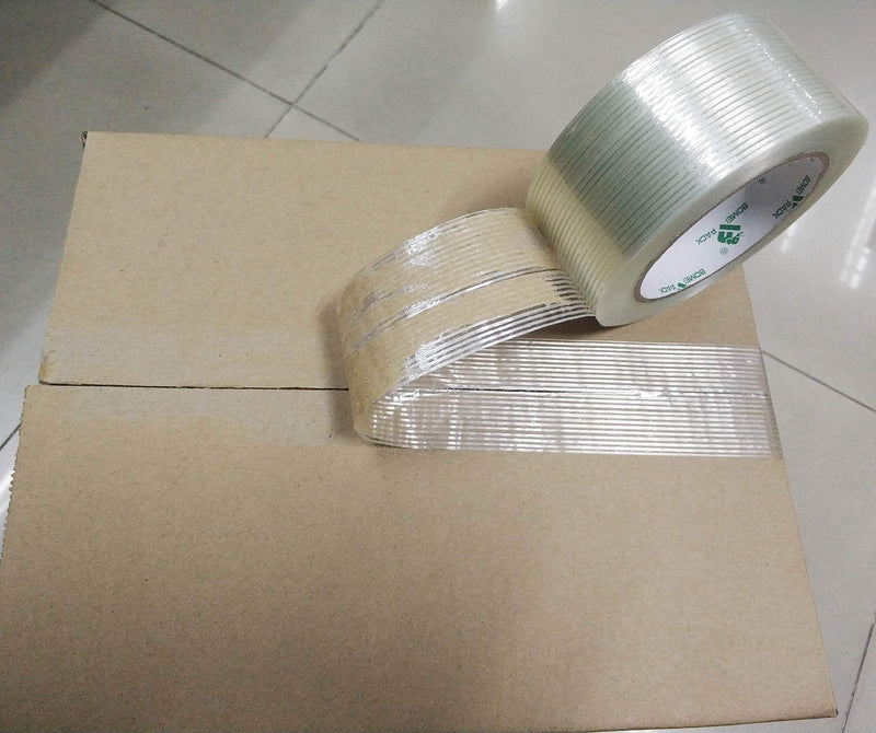 BOMEI PACK Mono Filament Strapping Tape, 2 Roll 2 Inch x 35 Yards 5.5 Mil, Heavy Duty Transparent Reinforced Fiberglass Tape 2Roll: 50mmx35y