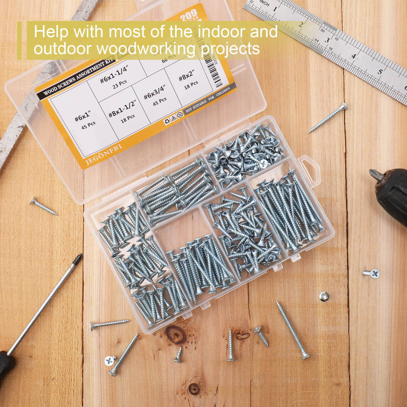[Australia - AusPower] - High Hardness Wood Screws Assortment Kit, 209 pcs, Phillips Drive Flat Head, Wood Screws, Screws, Drywall Screws, Assorted Screws, Screws Set, 6 Sizes (2”,1-1/2”,1-1/4”,1”,3/4”,1/2”) 209 Screws 