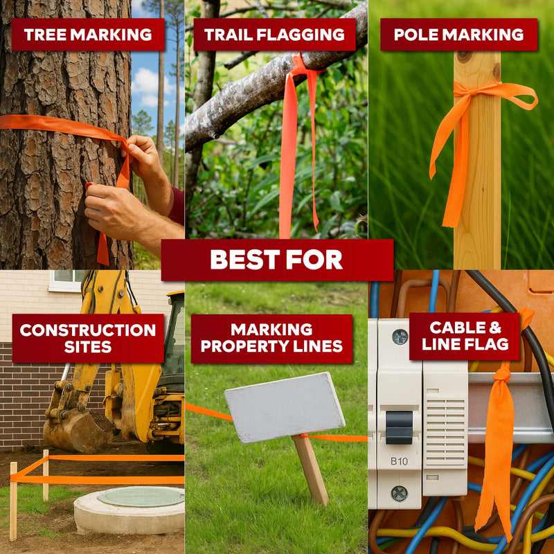 XFasten Orange Flagging Tape 6-Pack, 1-Inch x 900 Feet Total Orange Marking Tape Ribbon, High Visibility Non-Fading Trail Marking Ribbon for Surveying, Trees, Construction Safety Caution - 150ft/roll 6-Pack (900 Feet Total)