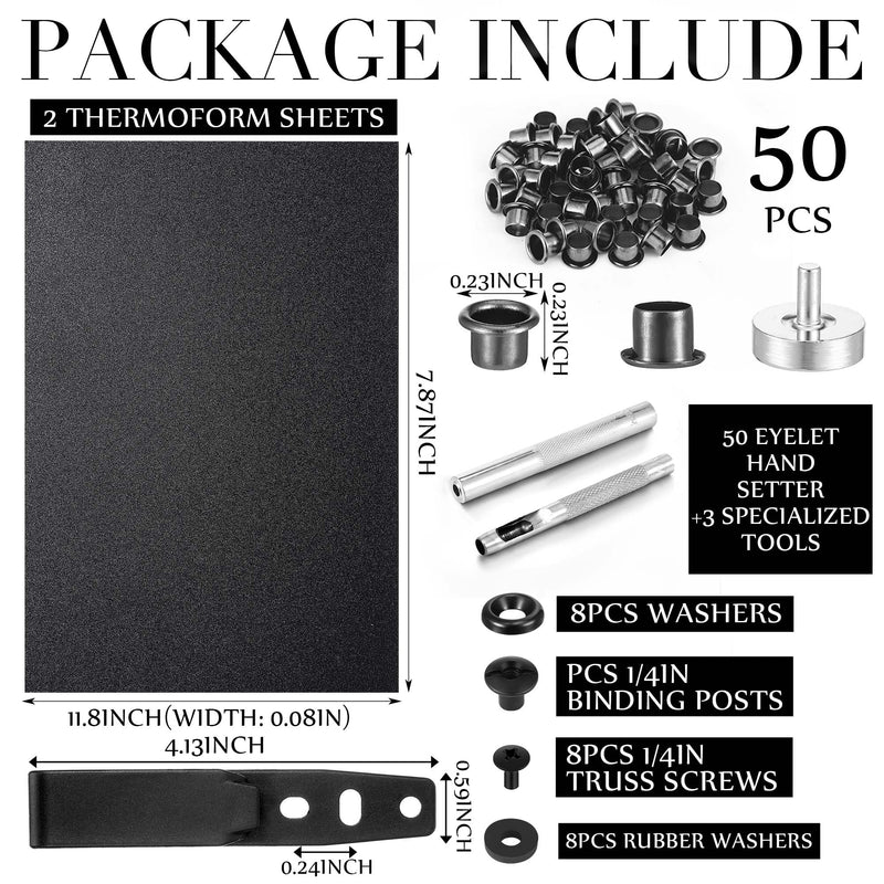 91 Pcs DIY Holster Kit Include Eyelet Hand Setter & Eyelet Combo Thermoform Sheet Holster Belt Clip with Screws Molle Clips Attachments for Making Knife Sheath Keel Guard Black 3-hole