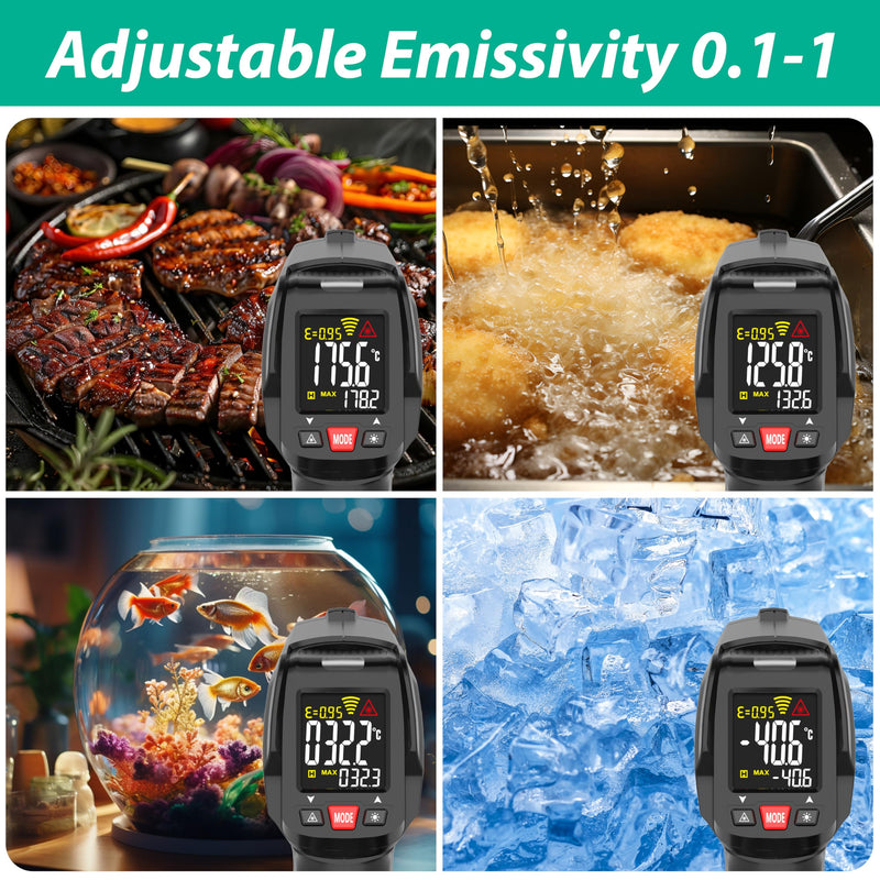 [Australia - AusPower] - Infrared Thermometer, Laser Temperature Gun Adjustable Emissivity Max Measure, Non Contact Surface Outdoor Heat Gun, Digital IR Temp Gun for Food, Cooking, BBQ, Pizza Oven, Reptile 