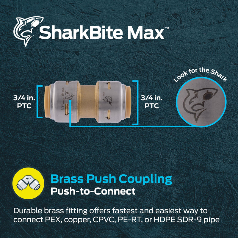 [Australia - AusPower] - SharkBite Max 3/4 Inch Coupling, Push to Connect Brass Plumbing Fitting, PEX Pipe, Copper, CPVC, PE-RT, HDPE, UR016A 3/4 in. 
