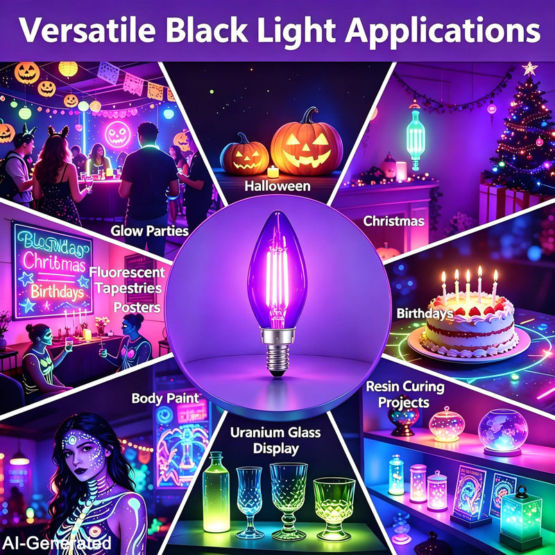 TITO 6 Pack E12 B11 395nm Dimmable Candle Black Light Bulbs Halloween Party | 4.5W Filament Candelabra Bulb 60W Equivalent｜360° Full Glow｜Low Heat｜Glow Party Fluorescent Decor Uranium Glass Curio Display