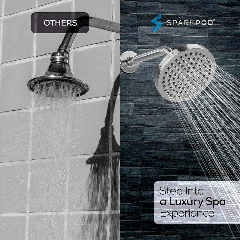 SparkPod 6" High Pressure Rain Shower Head with 9" Shower Arm - High Pressure Rain - Luxury Modern Look - Rainfall Experience - No Hassle Tool-less 1-Min Installation (Luxury Polished Chrome) Shower Head + 9 Inch Shower Arm