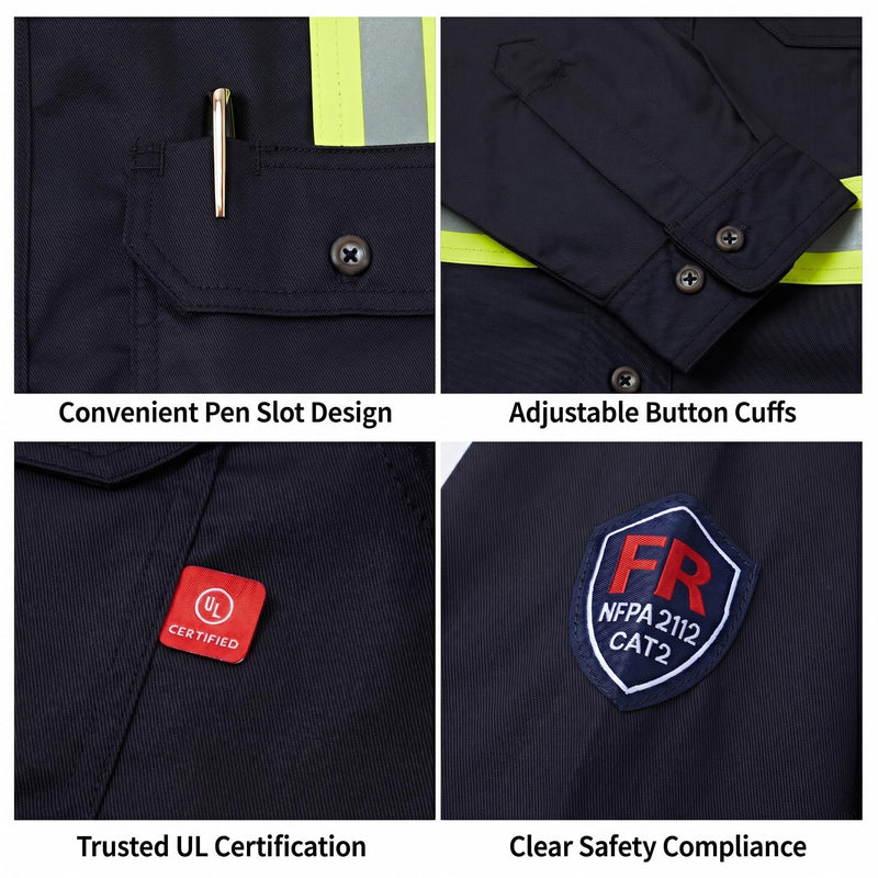 Hi Vis FR Shirt for Men 6.5oz Flame Resistant Class 3 Men's Reflective Safety Welding Shirts NFPA 2112/CAT2 Black Large