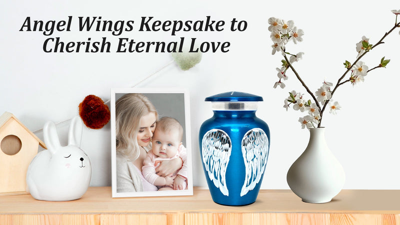 Small Urns for Human Ashes - Handheld Funeral Keepsake & Token Urn for Sharing Portions of Ashes - Blue Memorial Angel Wings Design to Honor a Loved One Small
